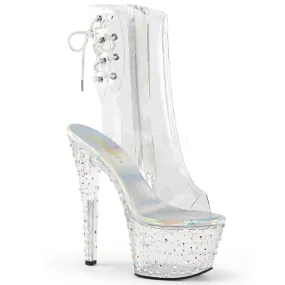 7" Heel Clear Open Toe-Heel Ankle Boot W/ Rhinestone Platform*