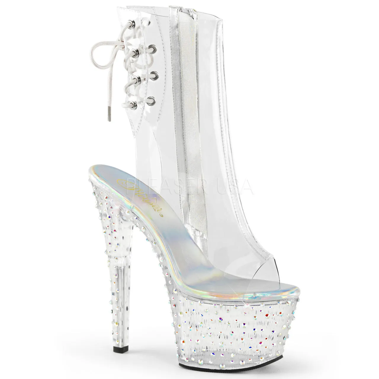 7" Heel Clear Open Toe-Heel Ankle Boot W/ Rhinestone Platform*