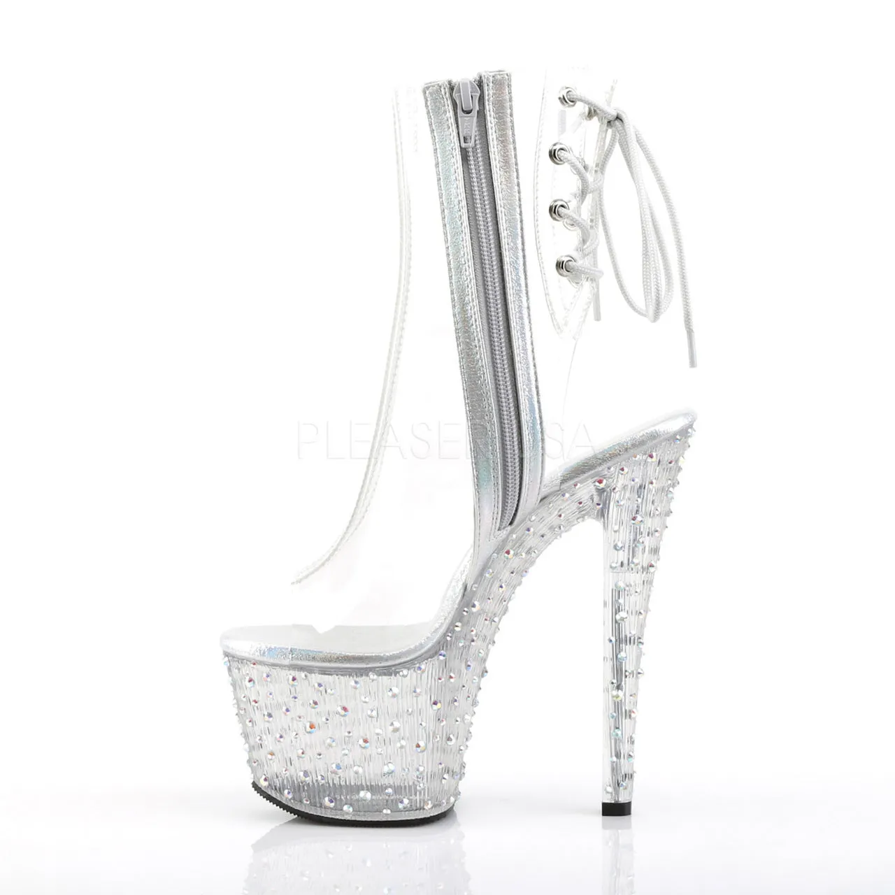 7" Heel Clear Open Toe-Heel Ankle Boot W/ Rhinestone Platform*