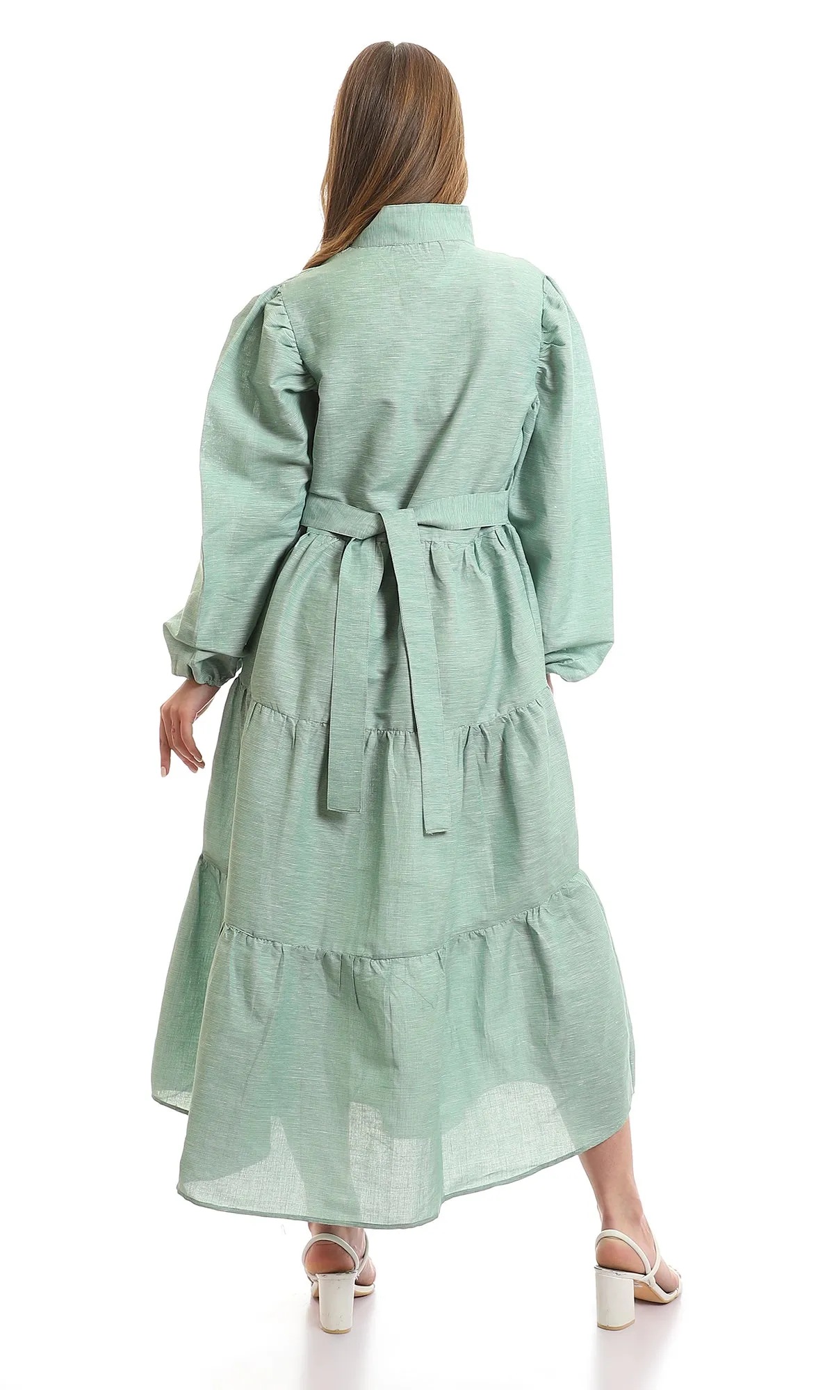 97668 Open V-Neck Patterned Green & White Maxi Dress