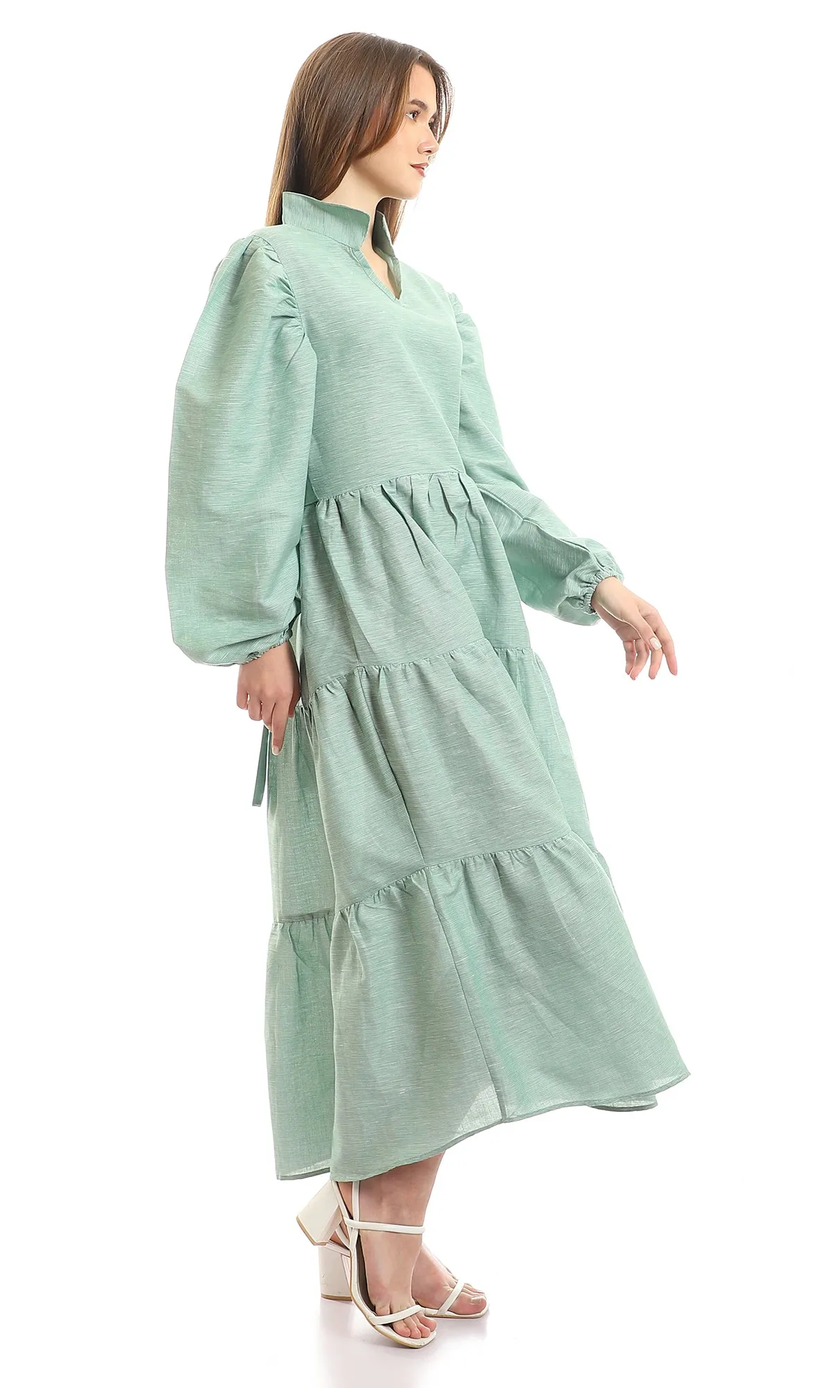 97668 Open V-Neck Patterned Green & White Maxi Dress