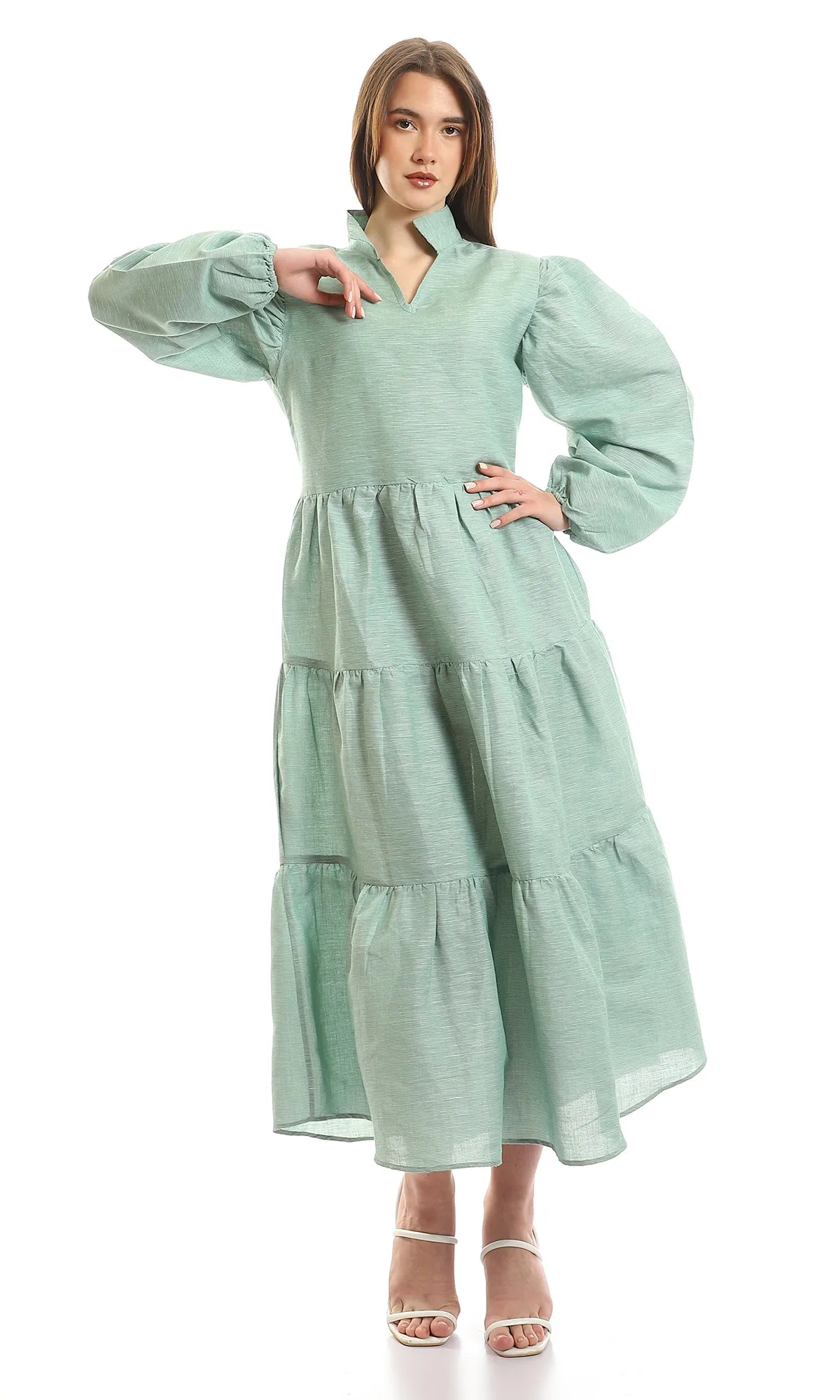 97668 Open V-Neck Patterned Green & White Maxi Dress