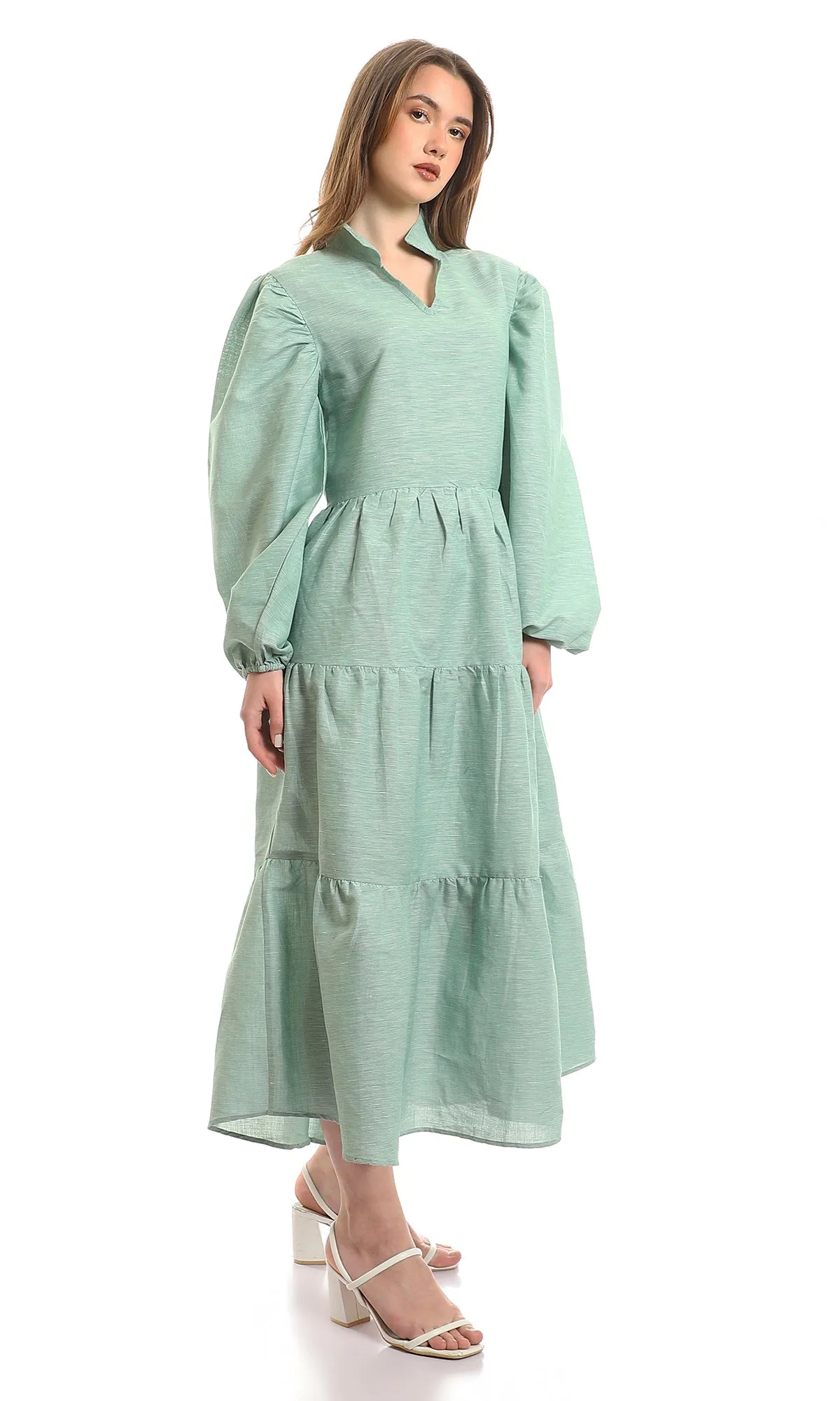 97668 Open V-Neck Patterned Green & White Maxi Dress