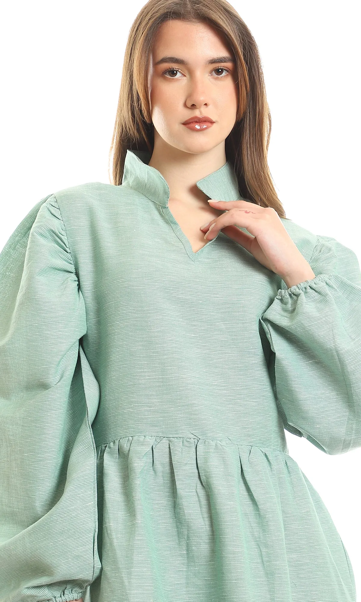 97668 Open V-Neck Patterned Green & White Maxi Dress