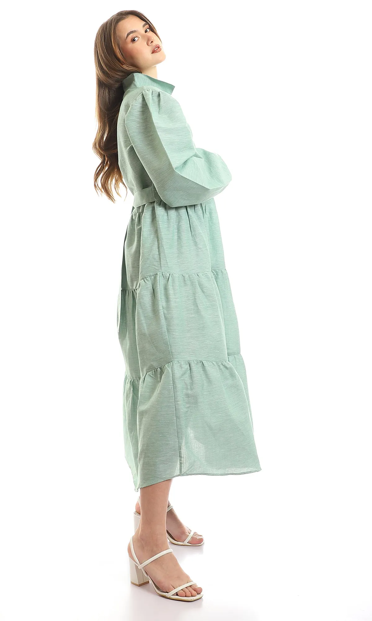 97668 Open V-Neck Patterned Green & White Maxi Dress