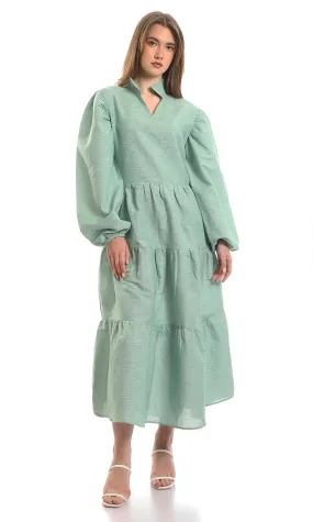 97668 Open V-Neck Patterned Green & White Maxi Dress