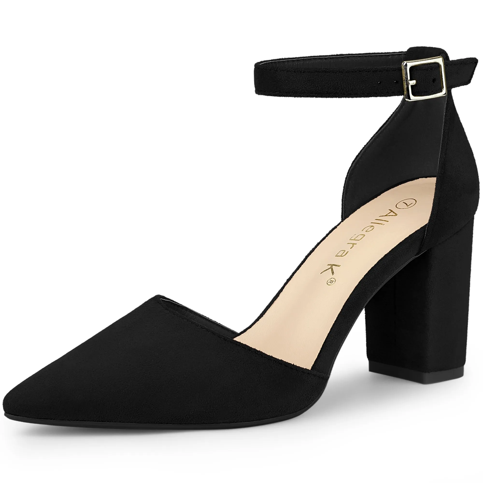 Ankle Strap Pointed Toe Block Heel Pumps