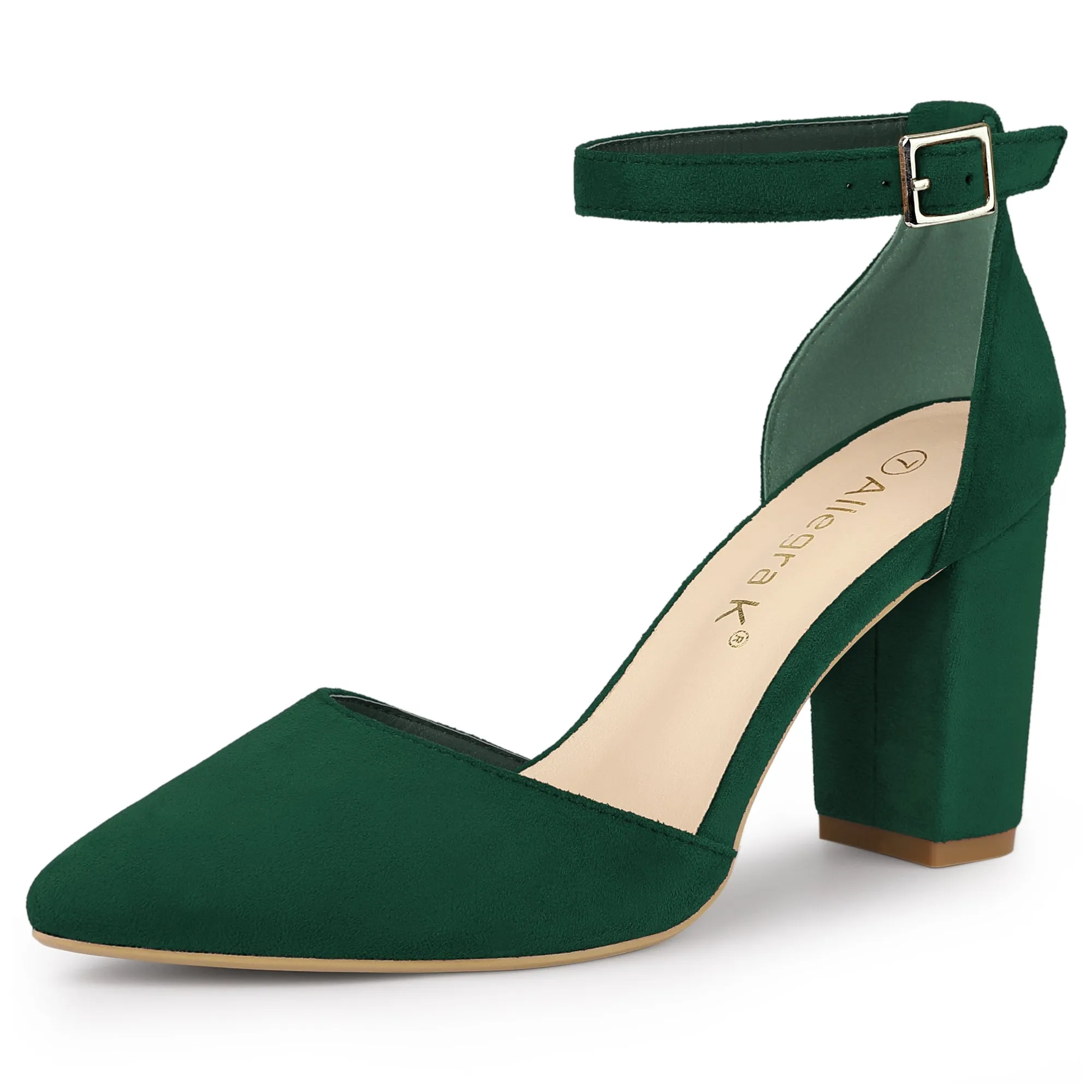 Ankle Strap Pointed Toe Block Heel Pumps