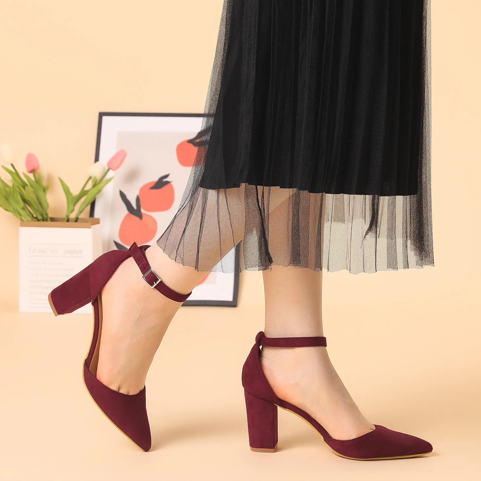 Ankle Strap Pointed Toe Block Heel Pumps