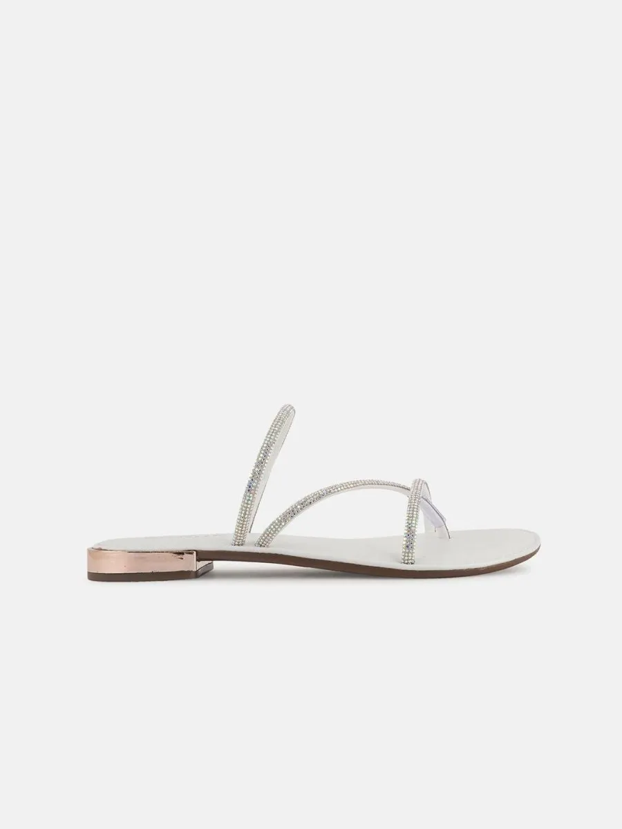 Anouk White Embellished Open Toe Flats