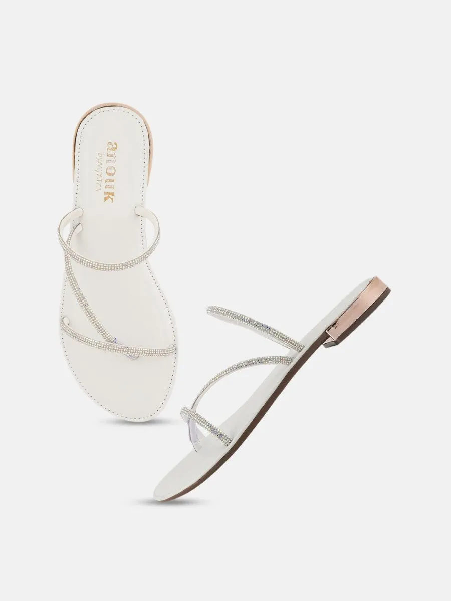 Anouk White Embellished Open Toe Flats