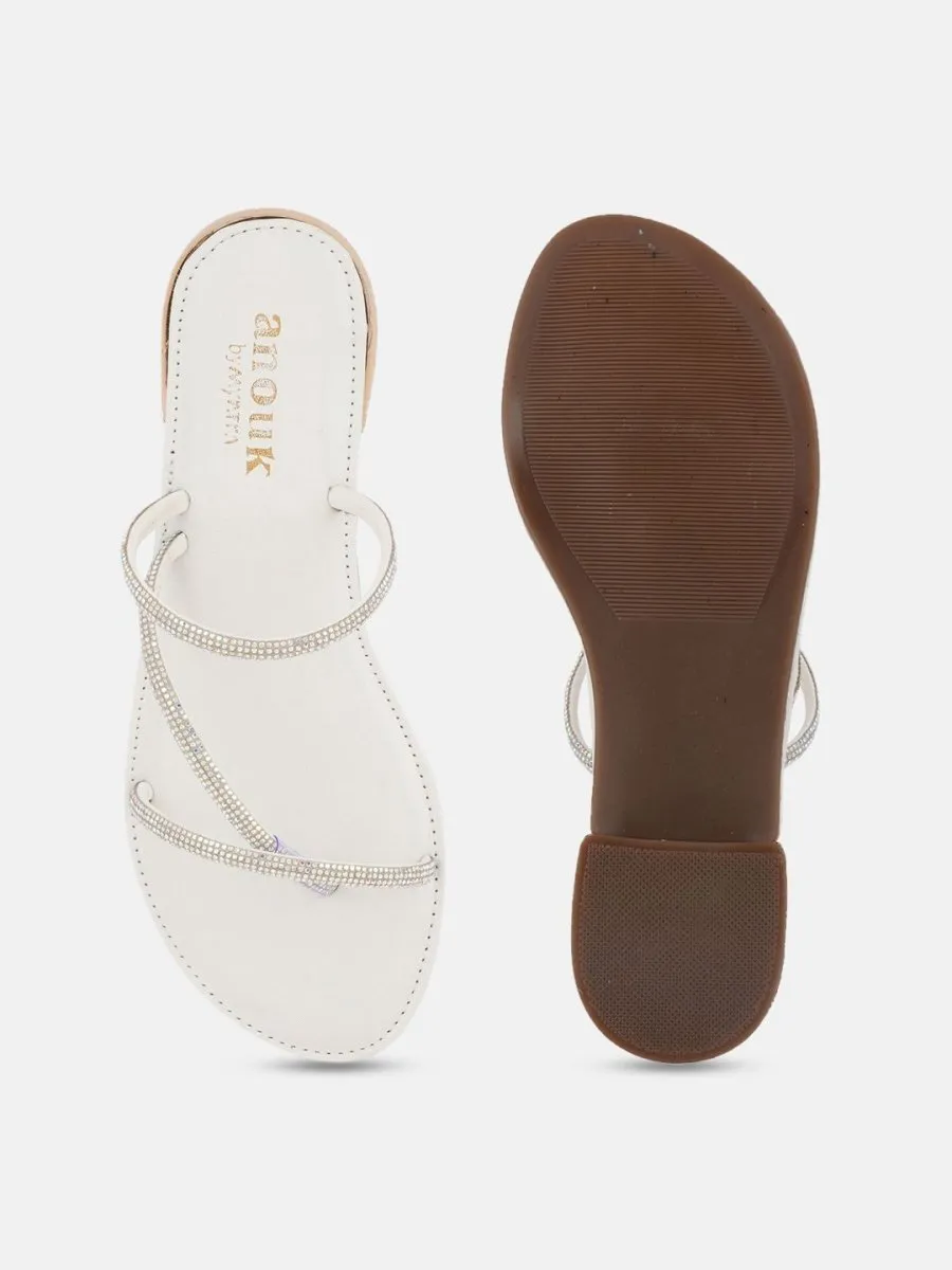 Anouk White Embellished Open Toe Flats