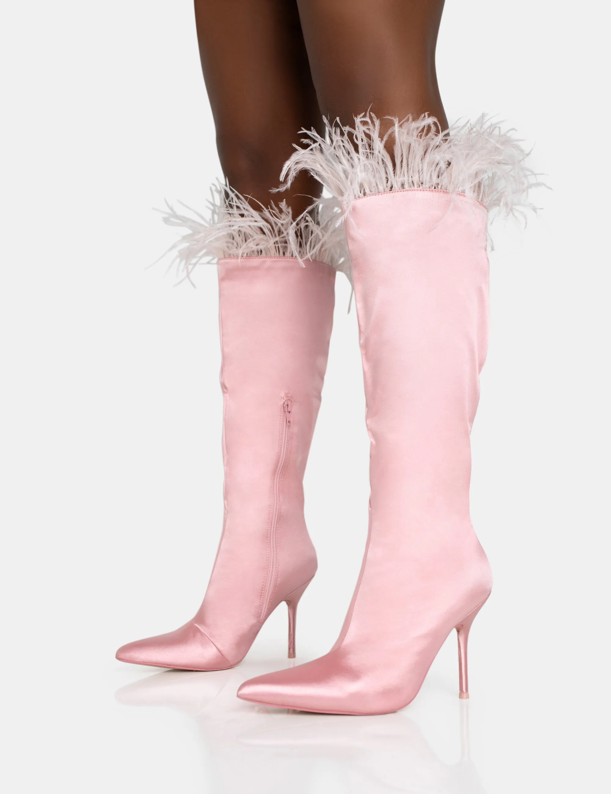 Baddie Baby Pink Satin Feather Pointed Court Stiletto Knee High Boots