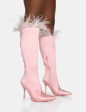 Baddie Baby Pink Satin Feather Pointed Court Stiletto Knee High Boots