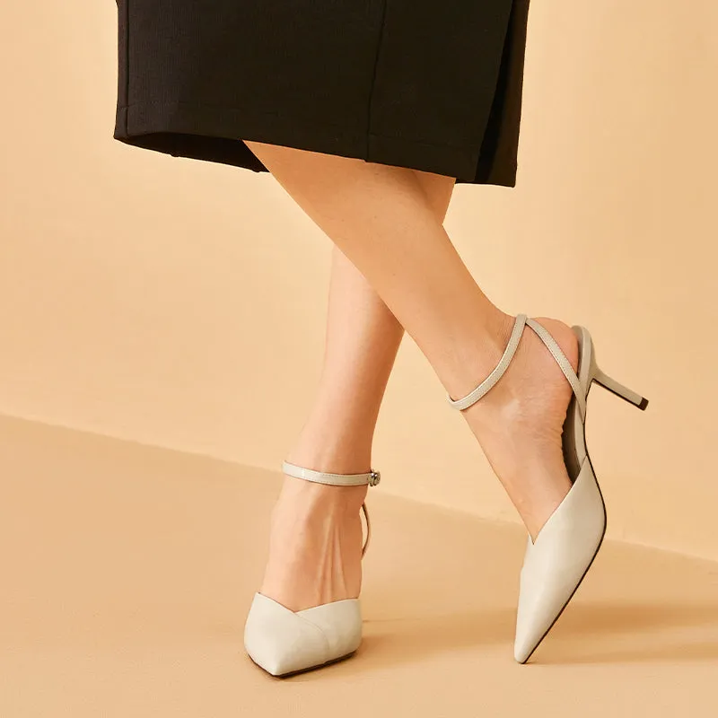 BeauToday Genuine Cow Leather Pointed Toe Stilettos With Metal Buckle Closure for Women