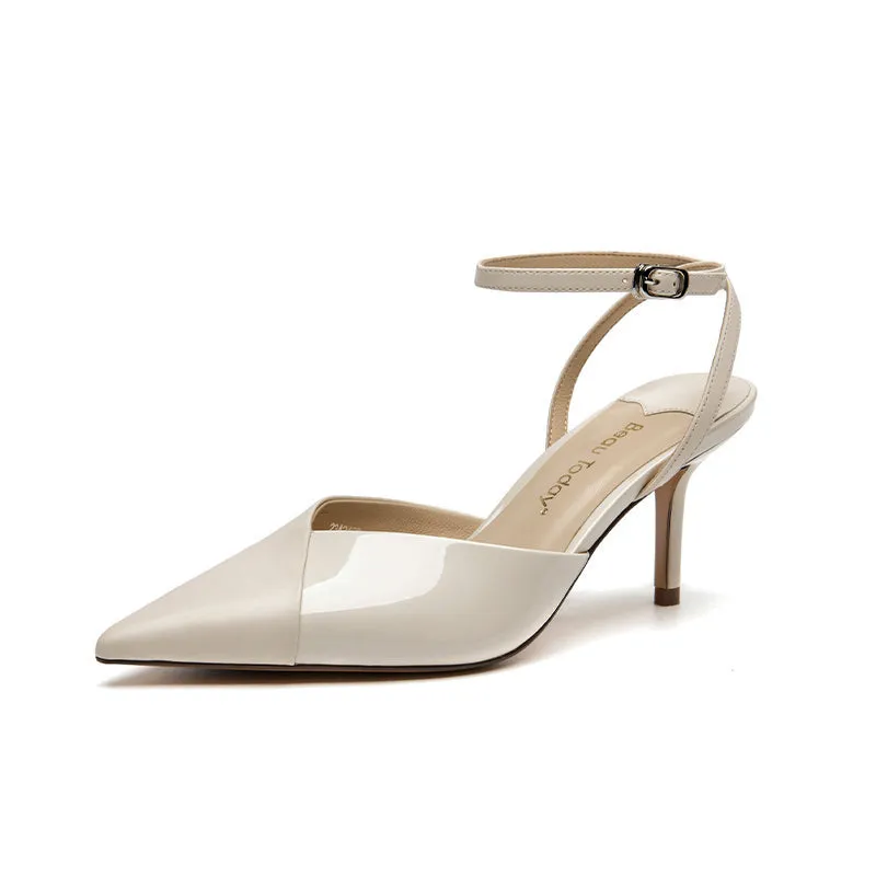 BeauToday Genuine Cow Leather Pointed Toe Stilettos With Metal Buckle Closure for Women