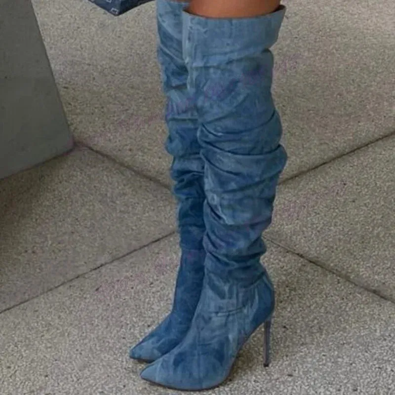 binfenxie  -  Blue Denim Over The Knee Boots Pointed Toe Shoes for Women Stilettos High Heels Sexy Lady Party Shoes 2024 Zapatos Para Mujere