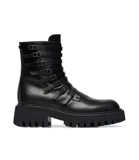 Black calfskin strappy bootie