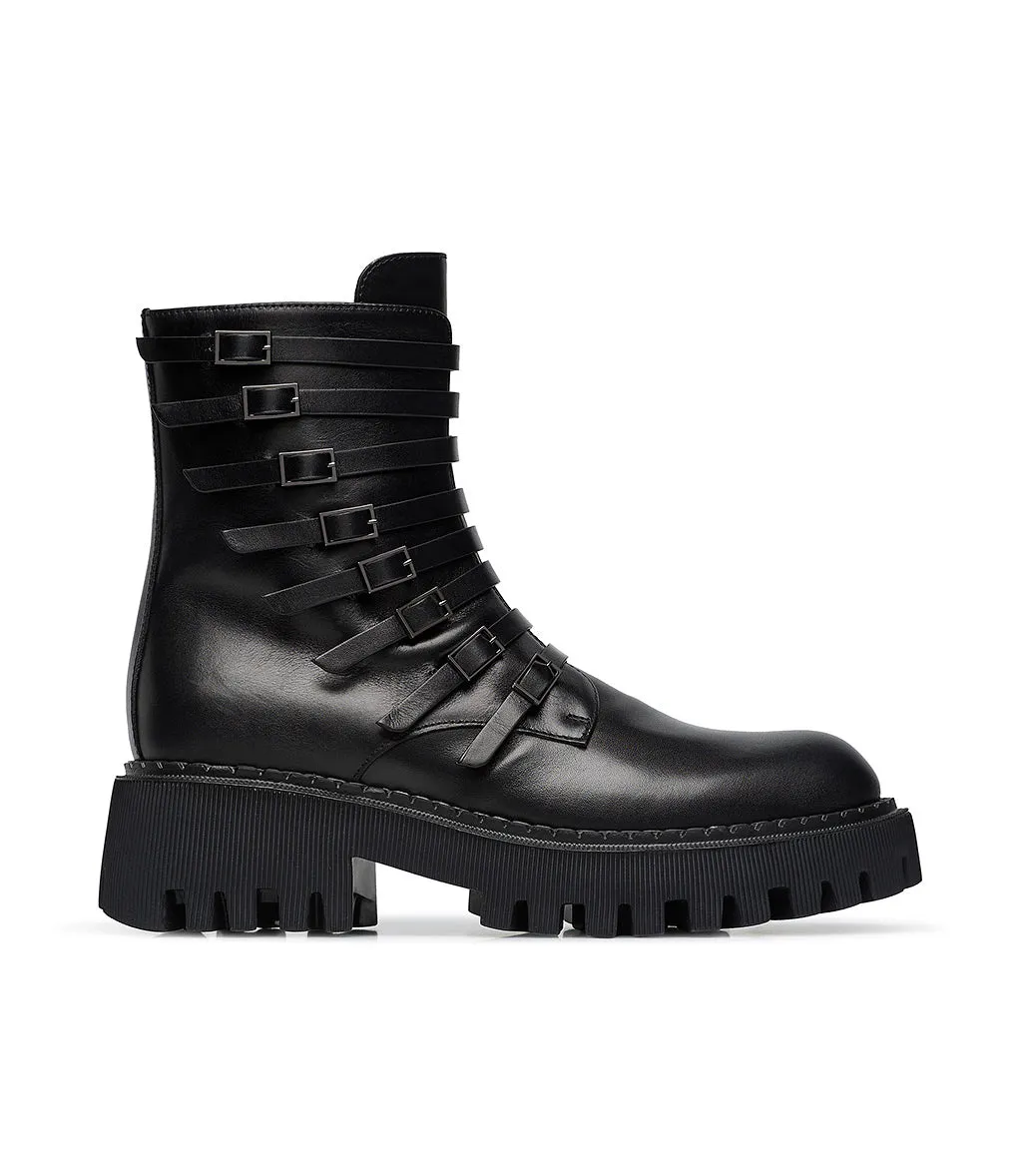 Black calfskin strappy bootie