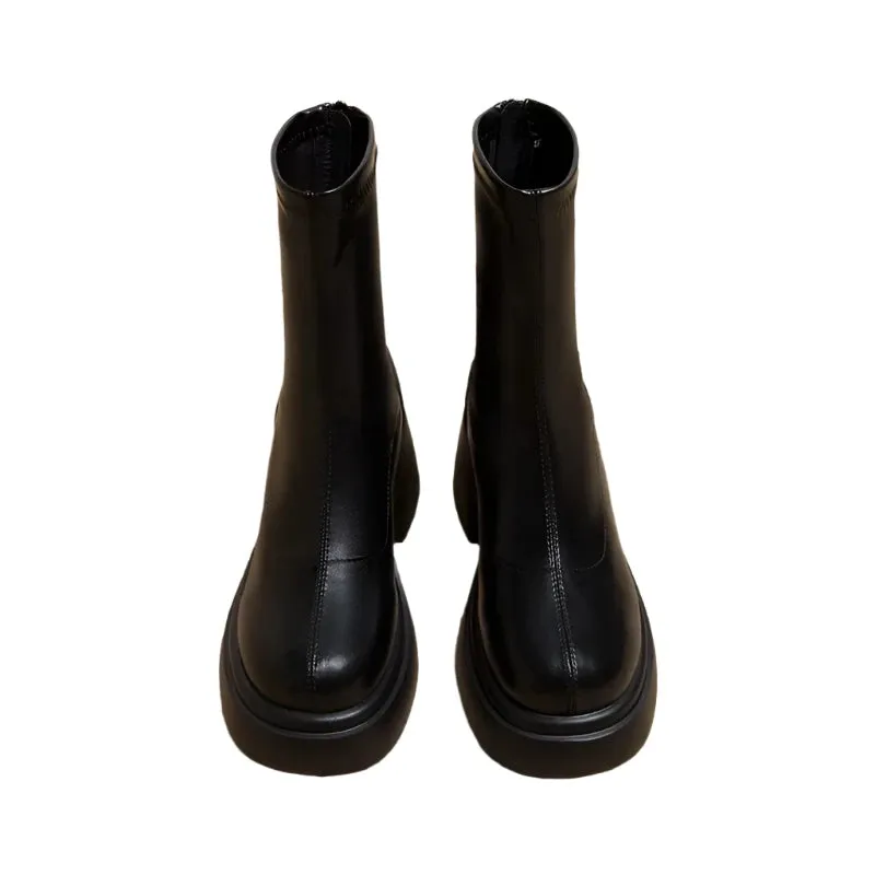Black Platform Ankle Boots for Women - Soft Leather Thick Heel Booties, Fashion Short Boots for Autumn & Winter