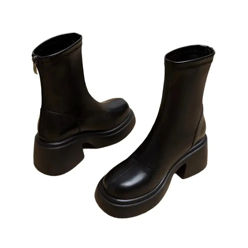 Black Platform Ankle Boots for Women - Soft Leather Thick Heel Booties, Fashion Short Boots for Autumn & Winter