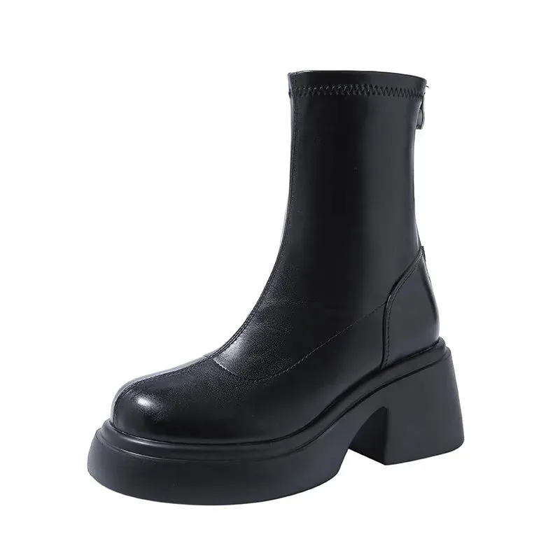 Black Platform Ankle Boots for Women - Soft Leather Thick Heel Booties, Fashion Short Boots for Autumn & Winter