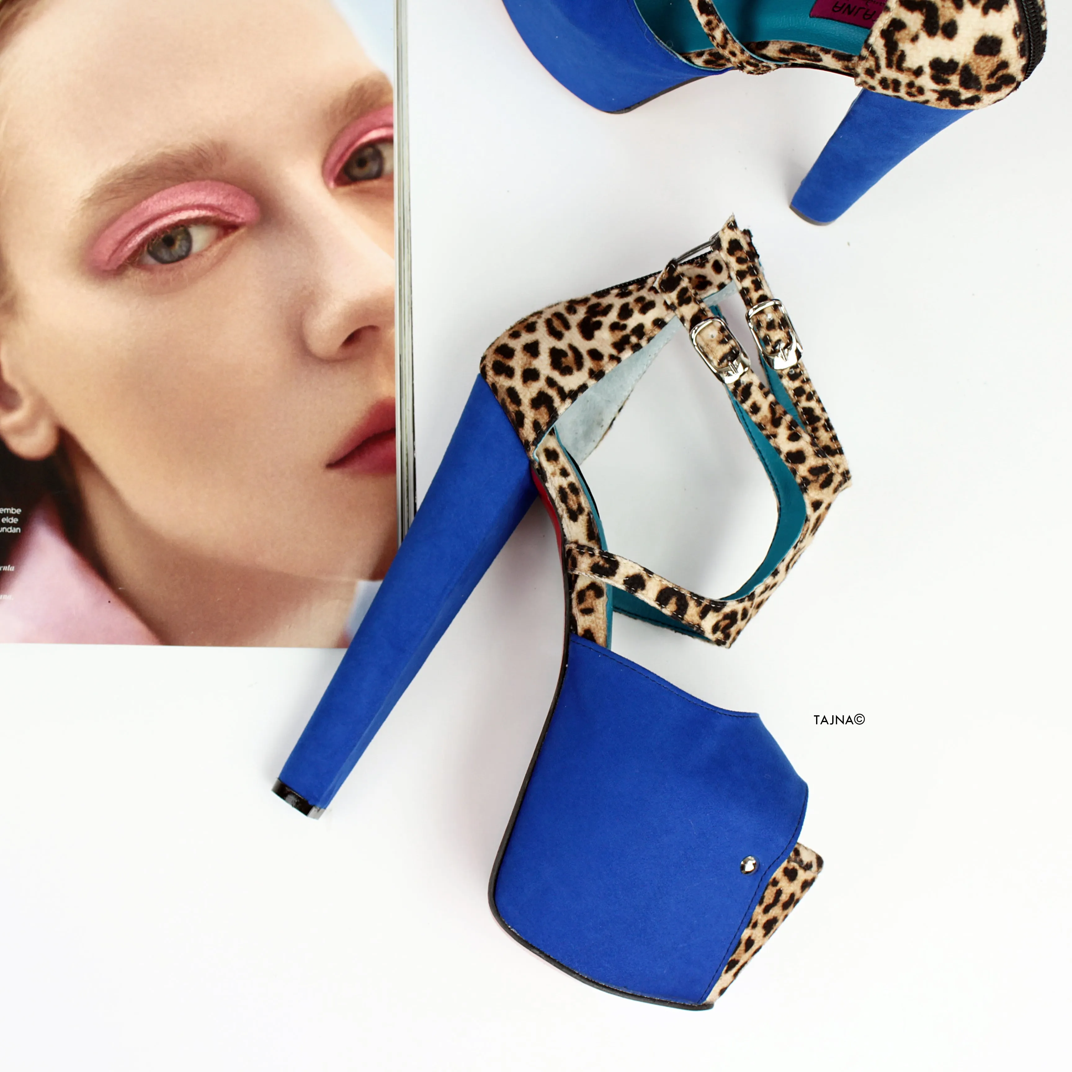 Blue Suede Leopard Platform Heels