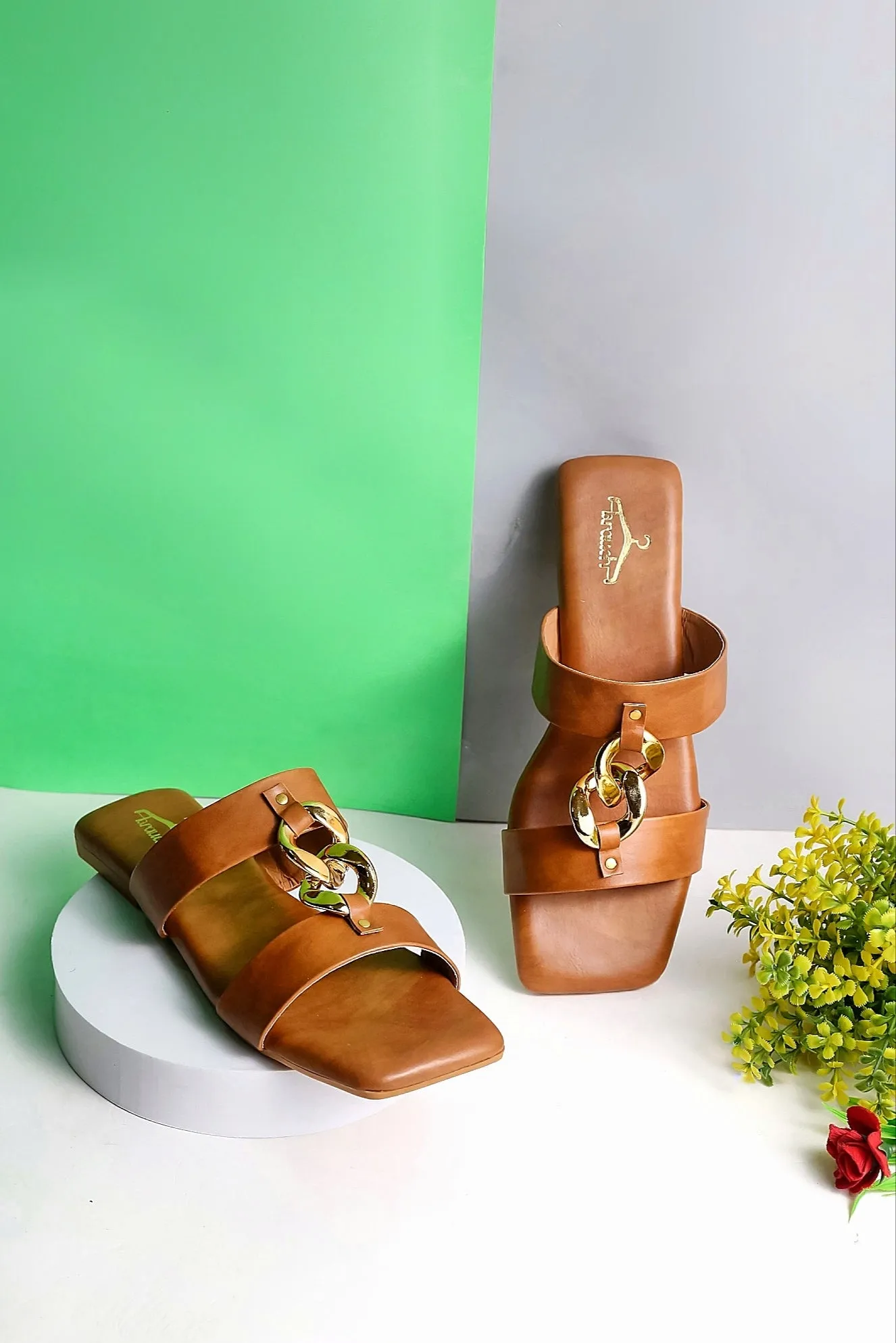 Brauch Women Tan Dual Strap Embellished Buckle Flats