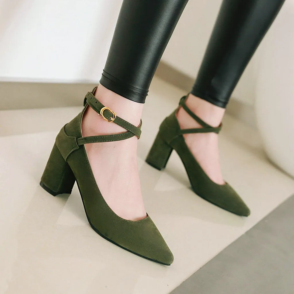 Buckle Women Chunky Heel Chunky Pumps Shoes Woman