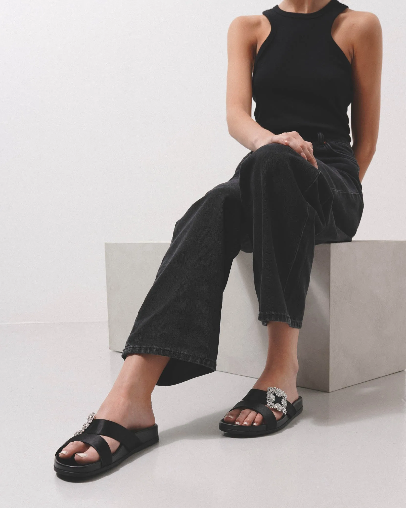 Chilanghi black satin flat sandals