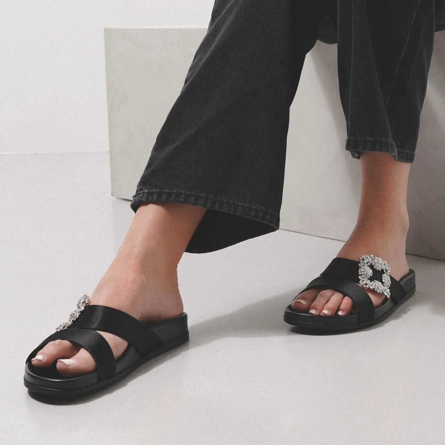 Chilanghi black satin flat sandals