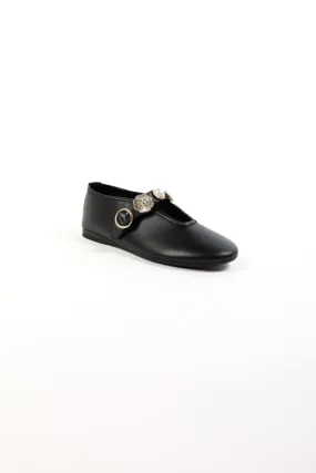 CLARICE BLACK - Leather Ballet Flats with Embellished Strap