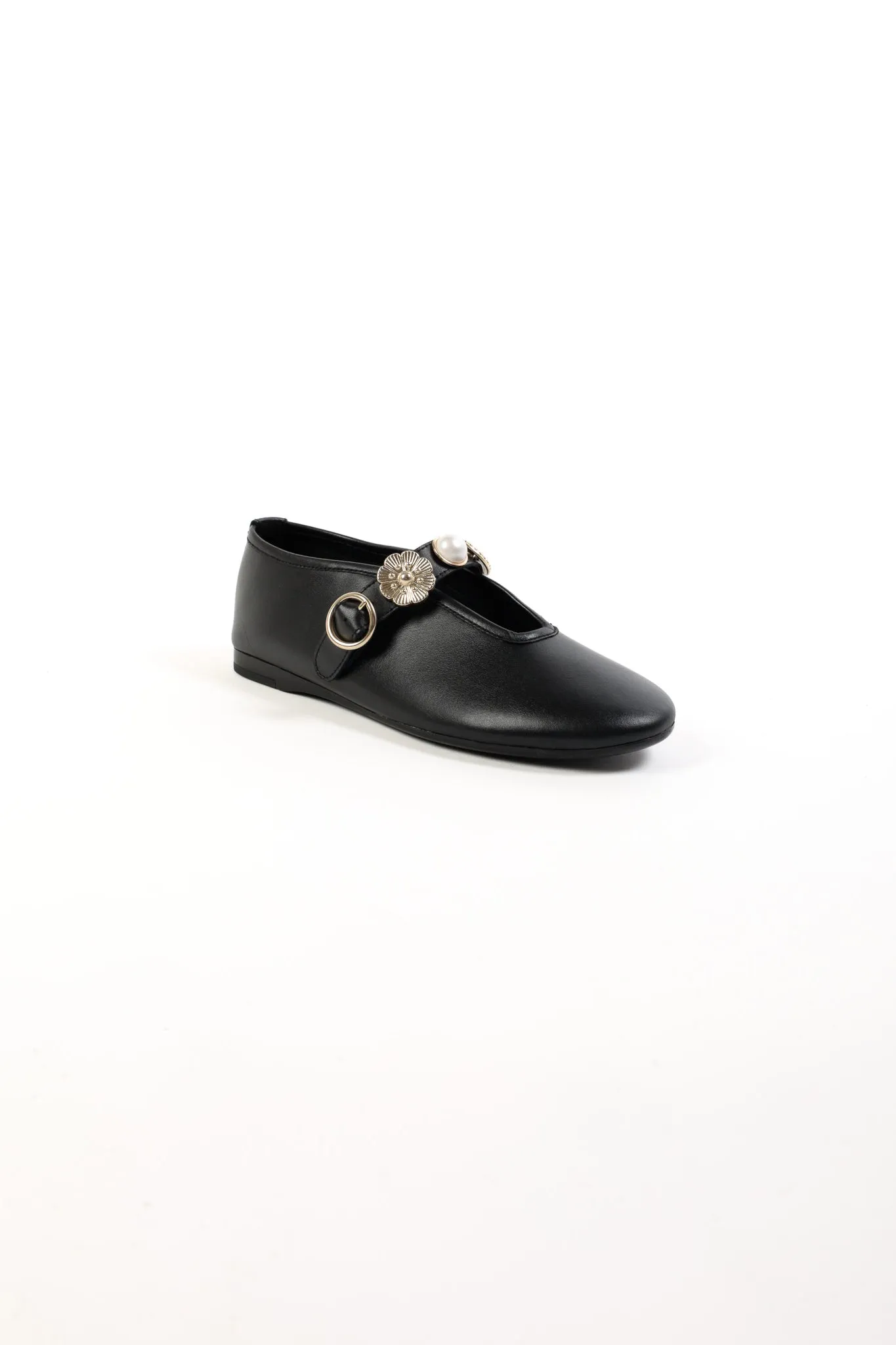 CLARICE BLACK - Leather Ballet Flats with Embellished Strap
