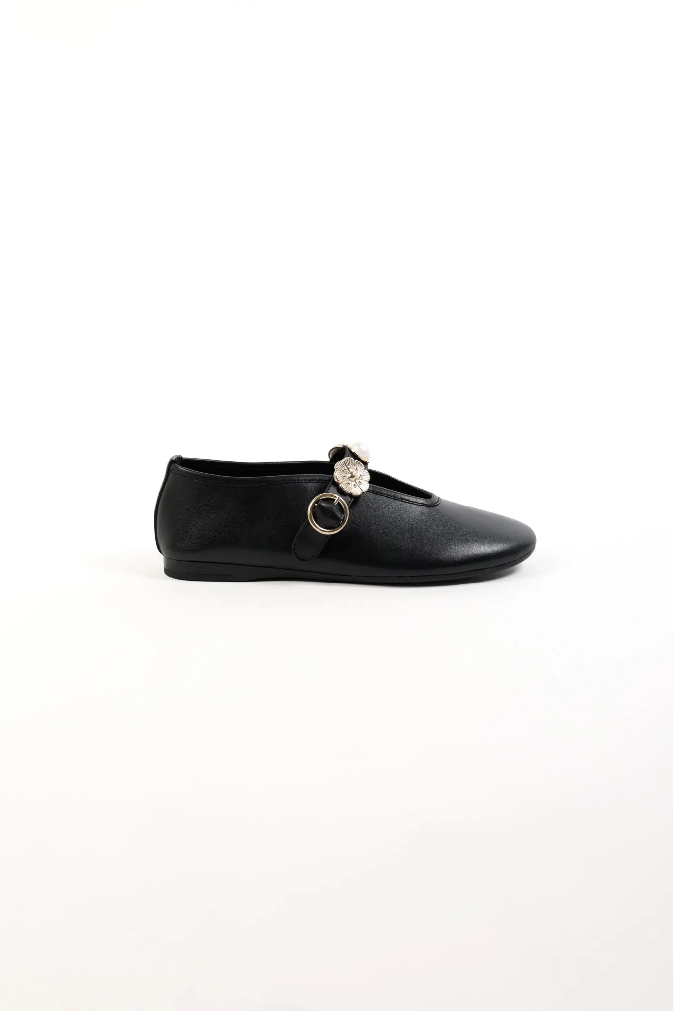 CLARICE BLACK - Leather Ballet Flats with Embellished Strap
