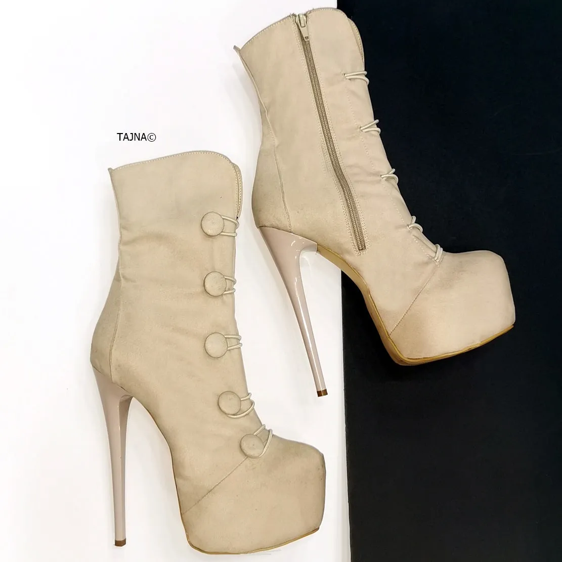 Cream Suede Button Boots