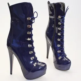 Dark Blue Patent High Heel Booties