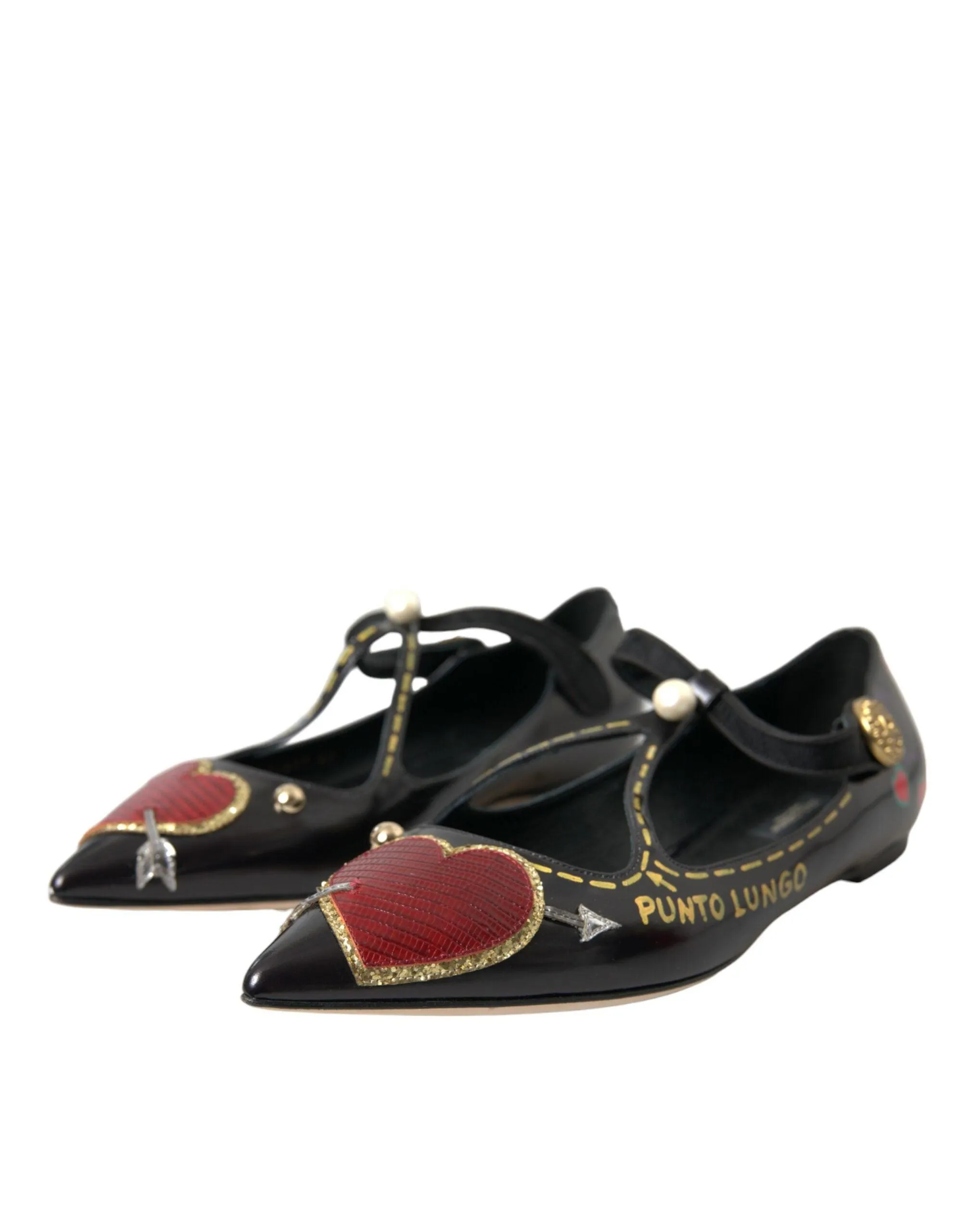 Dolce & Gabbana Black Leather Heart Embellished Flats