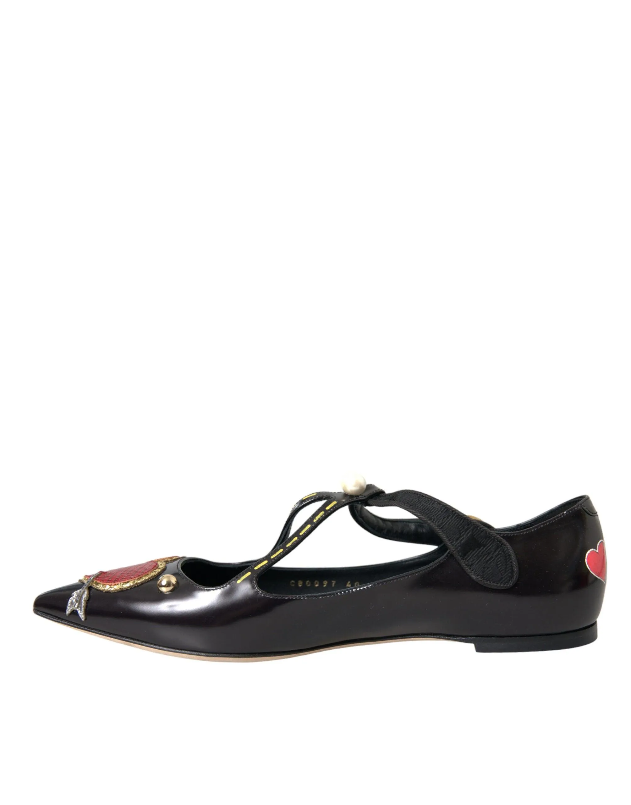 Dolce & Gabbana Black Leather Heart Embellished Flats