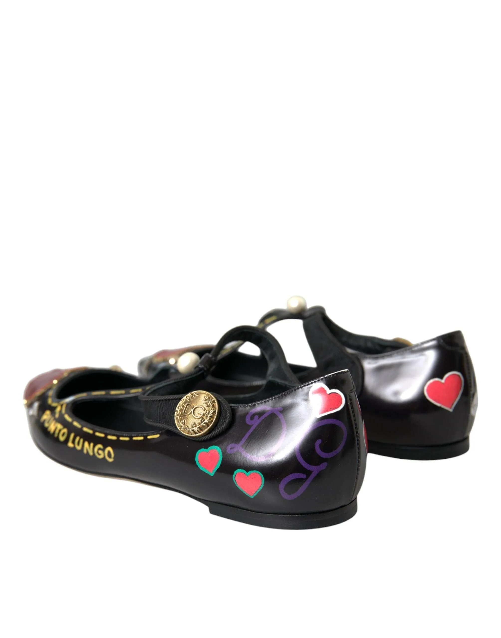 Dolce & Gabbana Black Leather Heart Embellished Flats