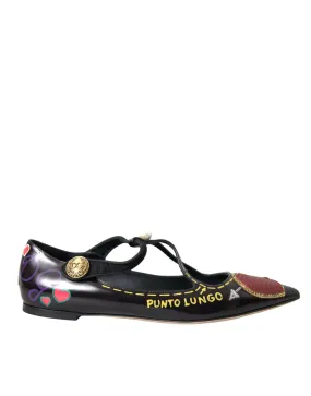Dolce & Gabbana Black Leather Heart Embellished Flats