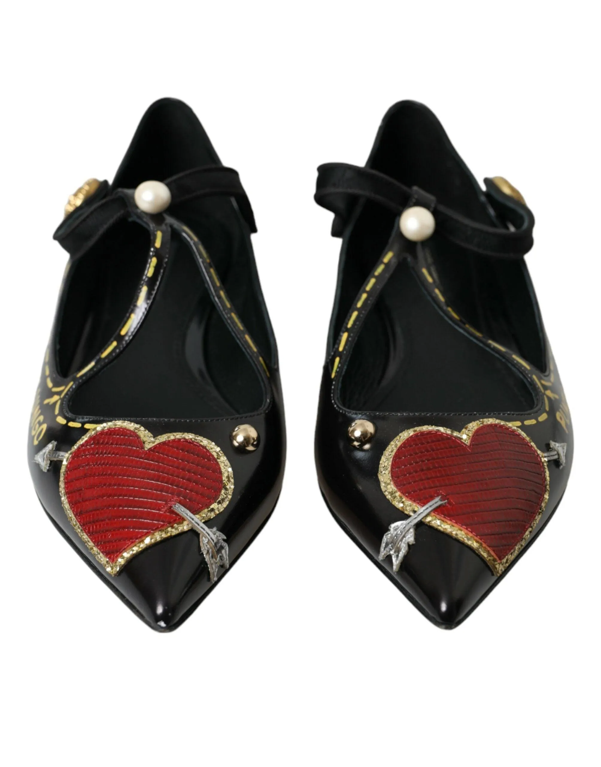 Dolce & Gabbana Black Leather Heart Embellished Flats