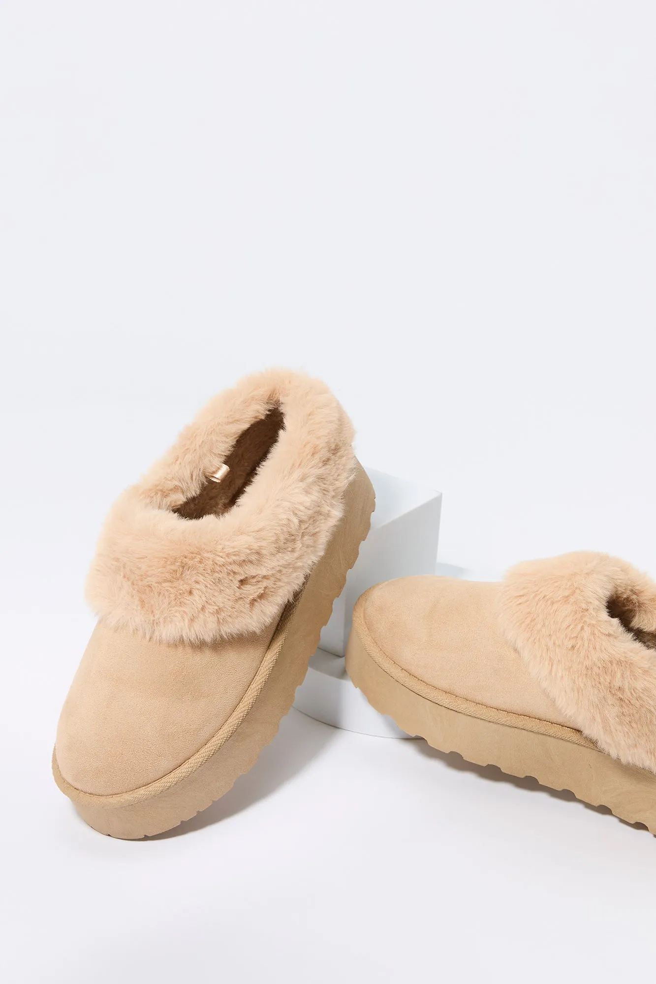Faux Fur Collared Platform Slipper Bootie