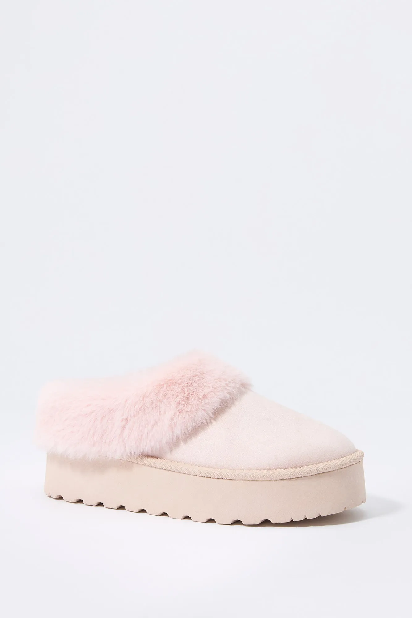 Faux Fur Collared Platform Slipper Bootie