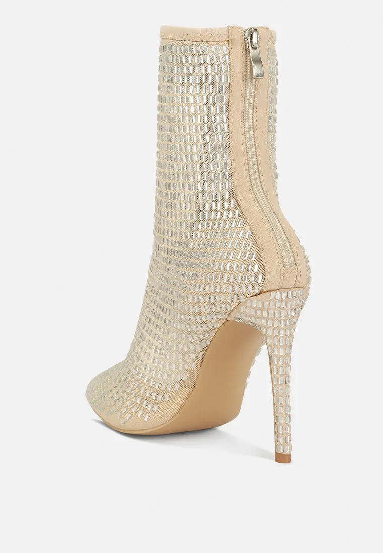 fortunate rhinestones embellished mesh boots