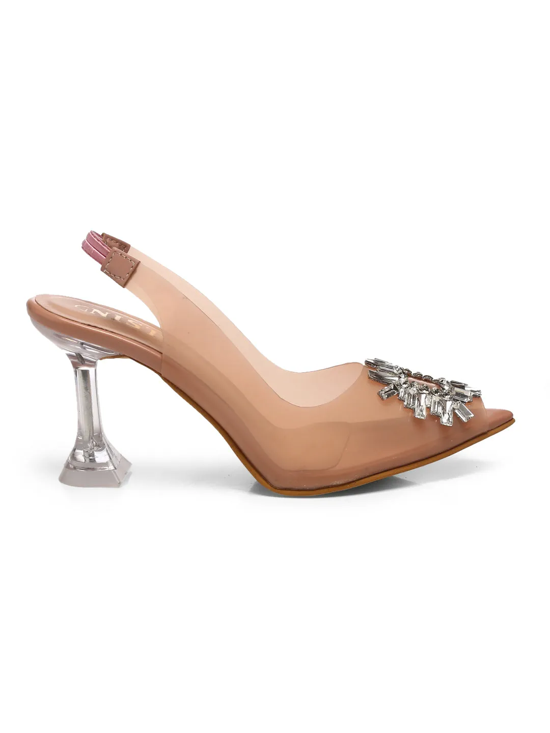 GNIST Square Embellished Peach Pointed Stilettos