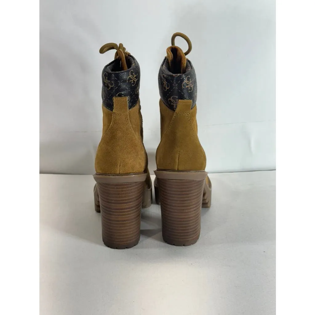 GUESS Women's Medium Brown Kelyna Lace-Up Lug-Sole Platform Booties SZ 6.5