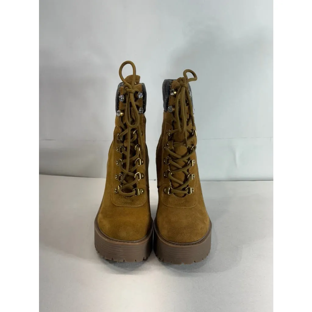 GUESS Women's Medium Brown Kelyna Lace-Up Lug-Sole Platform Booties SZ 6.5