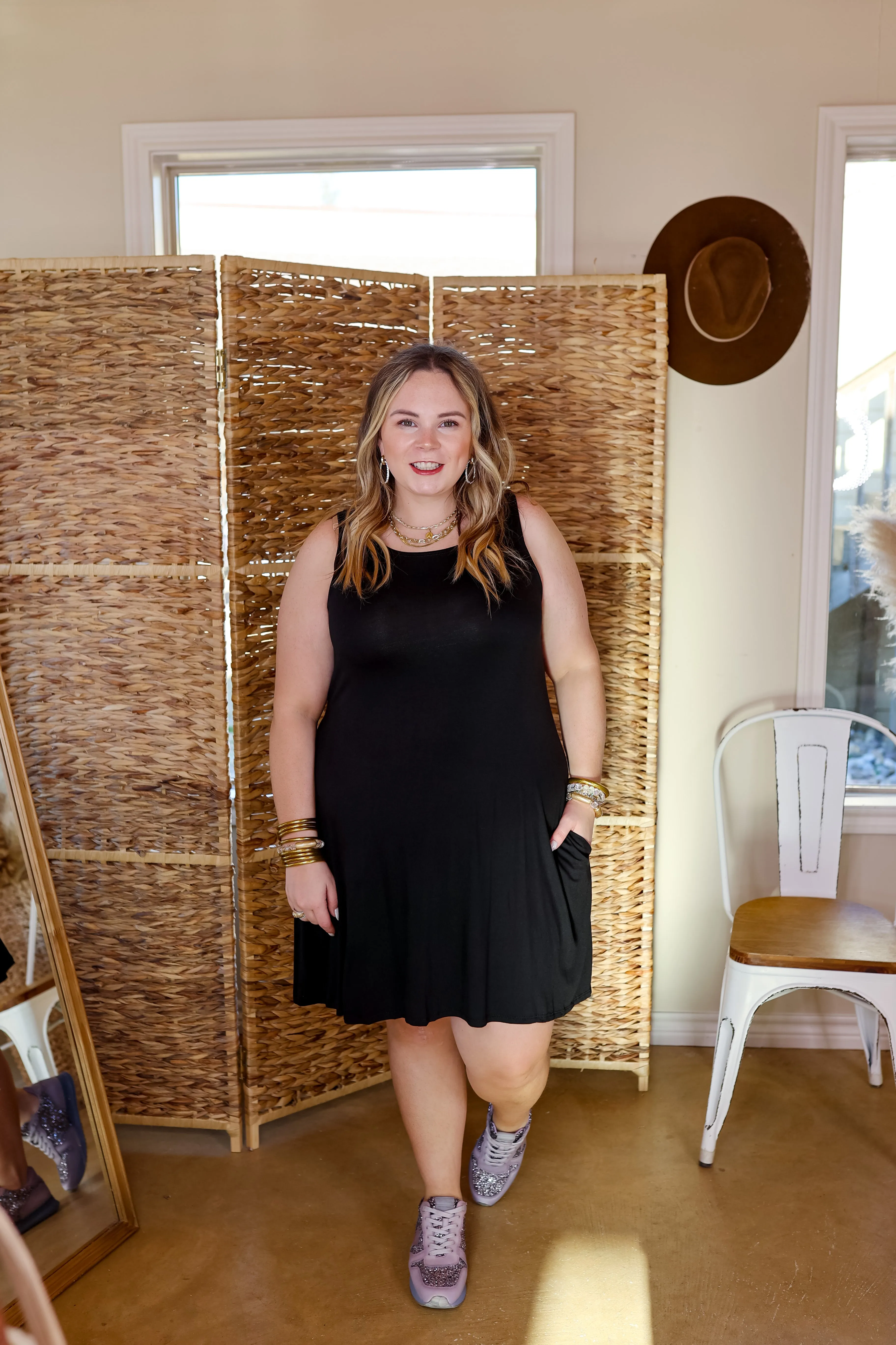 Heard The Story Solid Tank Dress with Pockets in Black