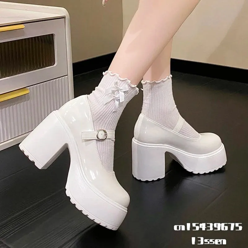 Hnzxzm Fashion White Platform Pumps for Women Super High Heels Buckle Strap Mary Jane Shoes Woman Goth Thick Heeled Party Shoes Ladies
