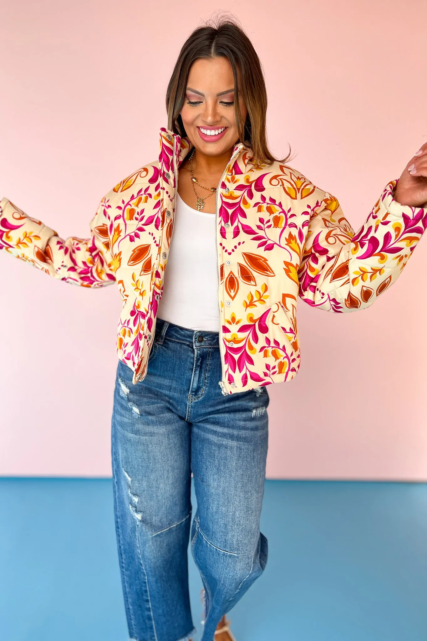Ivory Printed Mock Neck Button Front Puff Jacket *FINAL SALE*
